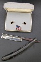Vintage Straight Razor With Tortoiseshell & Wood Handle + Pair of Ducks Unlimited-Style Earrings + US Flag Pin