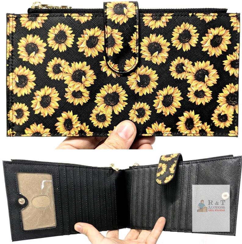 New Feith & Felly Sunflower Women's Card Case Wallet with Tons of Room For Cards + 2 Zippered Sections For Coins or Cash