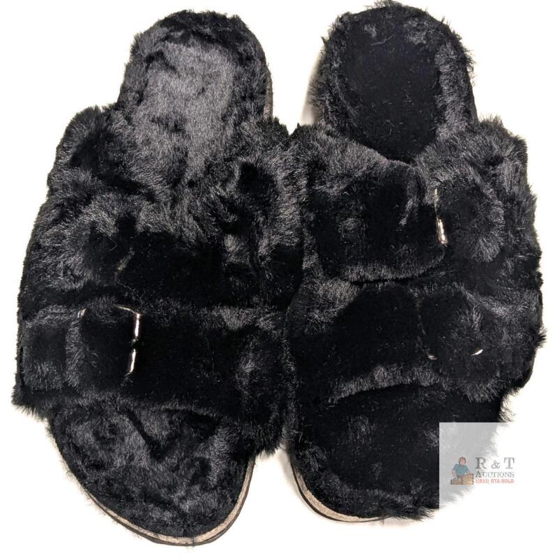 New Size 39 Women's Super Soft Faux Fur Double Strap Cork Foorbed Slipper Slides Sandals