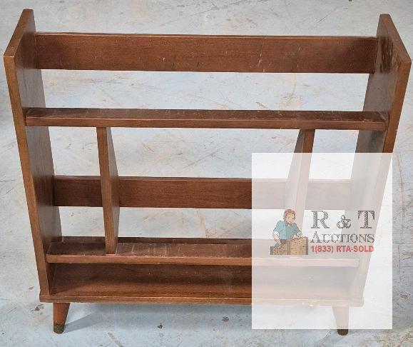 Mid-Century Modern Wooden Magazine Rack Album Holder,est 28" x 9" x 23", 3 Sections, visible scratches and scuffs.