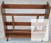 Mid-Century Modern Wooden Magazine Rack Album Holder,est 28" x 9" x 23", 3 Sections, visible scratches and scuffs.