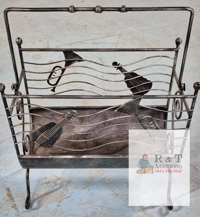Vintage Wrought Iron Magazine Rack with Musical Instruments Motif, 18"x10"x14", Blackened Finish