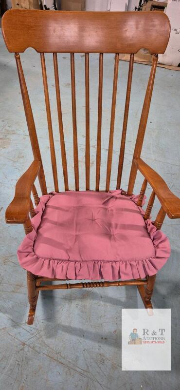 Classic Wooden Rocking Chair with High Spindle Back, Light Brown Finish, Pink Cushion Included