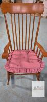 Classic Wooden Rocking Chair with High Spindle Back, Light Brown Finish, Pink Cushion Included