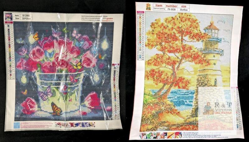 2 New DIY Diamond Painting Art Kits : Fall Lighthouse & Flowers With Butterflies (11.8" &times; 15.37" - 13.8" &times; 13.8")