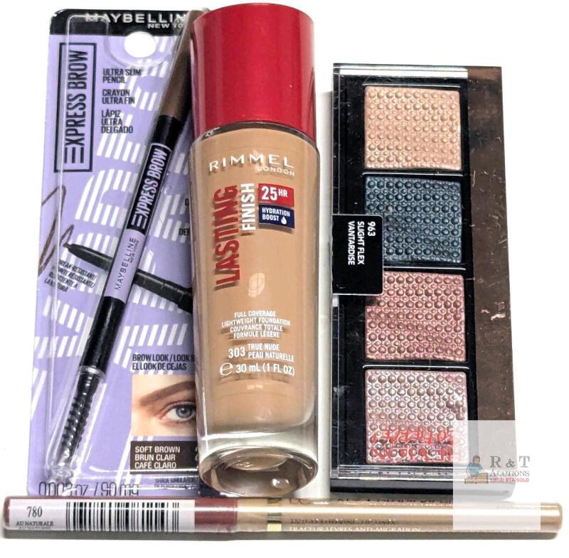 New MAYBELLINE Ultra Slim Pencil (255 Soft Brown), RIMMEL 25hr Full Coverage Foundation (303 Ful Nude), REVLON Prismatic Palette (963 Slight Flex), L'OREAL Anti-Feathering Lip Liner (780 Au Naturale)