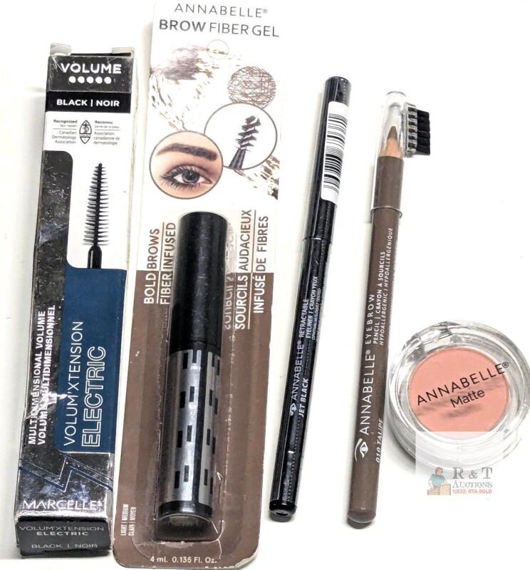 New MARCELLE Volum'Xtension Electric Mascara Black & ANNABELLE Brow Fibre Gel (Light/Med), Retractable Eyeliner (Jet Black), Eyebrow Pencil (Taupe) & Single Matte Eyeshadow (Salmon)
