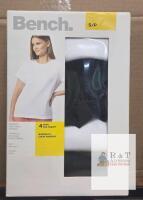 New Bench Women's Crew Neck T-Shirts, 4 Pack, Modern Fit, 100% Cotton, Size Small, Black & White
