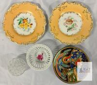 4 Assorted Vintage Decorative Pieces, Includes Plates and Crystal/Glass Art in Bowl - Largest Plate Has 9&rdquo; Diameter