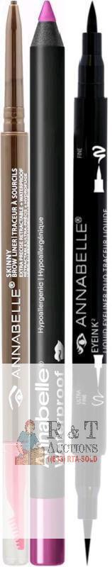 3 New ANNABELLE : Skinny Brow Liner (Universal Taupe), Waterproof Lip Liner (Boysenberry) & EyeInk&sup2; Liquid Eyeliner Duo (Black)