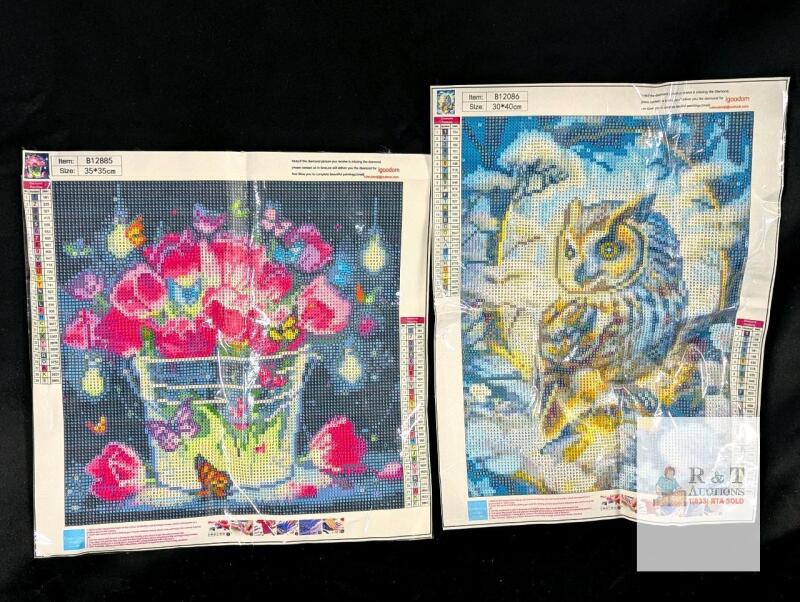2 New Diamond Painting Art Kits : Flowers With Butterflies & Winter Owl (11.8" &times; 15.37" - 13.8" &times; 13.8")