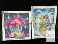 2 New Diamond Painting Art Kits : Flowers With Butterflies & Winter Owl (11.8" &times; 15.37" - 13.8" &times; 13.8")