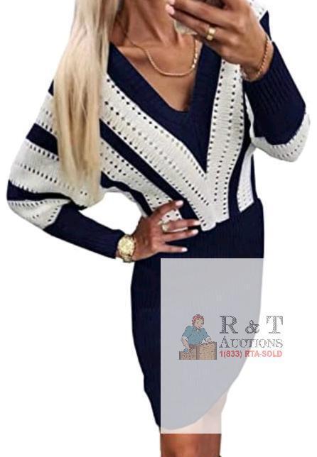 New sz Medium Women's AOISAGULA V-Neck Sweater Dress Winter Long Sleeve Mini Bodycon Knit Colorblock Dress
