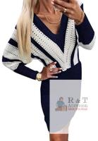 New sz Medium Women's AOISAGULA V-Neck Sweater Dress Winter Long Sleeve Mini Bodycon Knit Colorblock Dress