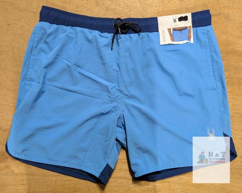 NEW Spyder Swim XXL Men&rsquo;s Board Shorts Light Blue Navy, 7.5" Inseam, UPF 30+, Zip Pocket