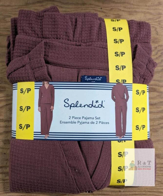 NEW Splendid 2 Piece Pajama Set, S/P, Waffle Knit, 100% Polyester, Maroon, Button-Front Top