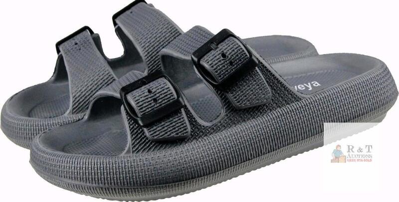 New Size 12W-12.5W / 11-11.5M Unisex WEWEYA 2 Buckle Pillow Slides, Flat Athletic Sport Outdoor Sandal, Grey