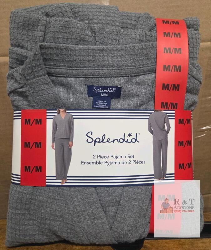 NEW Splendid Women's Grey Waffle-Knit 2 Piece Pajama Set, 100% Polyester, Medium, Button Front