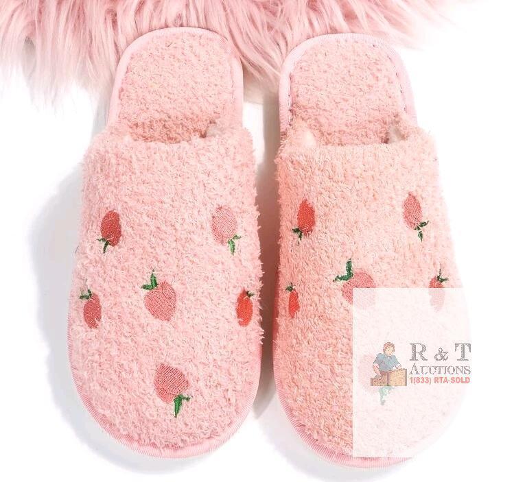 New Size 9-10 Women's LAND VOGUE Embroidered Peaches Fuzzy Memory Foam Slippers