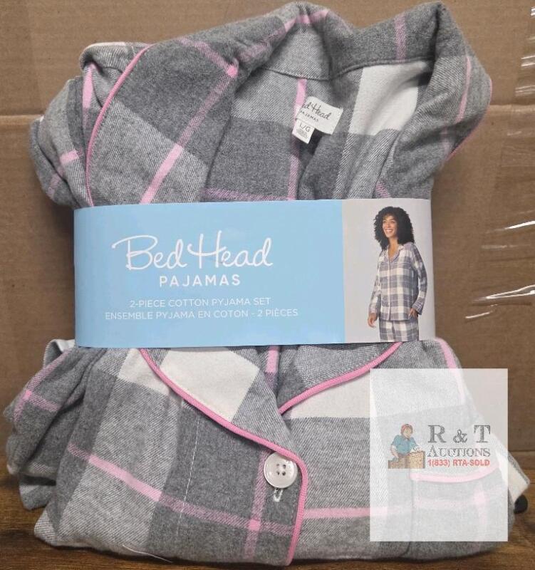 NEW BedHead Pajamas 2-Piece Cotton Plaid Set, Women's Size Large, Gray/Pink, Button-Up Top