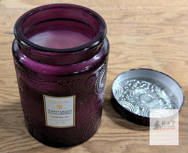 Voluspa Santiago Huckleberry Candle 16oz, Embossed Purple Glass Jar, Japonica Collection- LIT ONCE