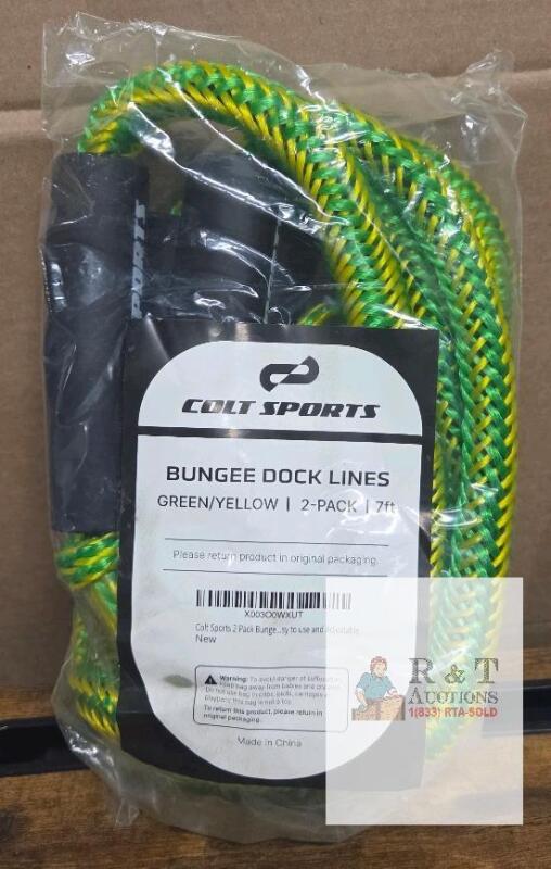 NEW Colt Sports 7ft Bungee Dock Lines 2-Pack, Green/Yellow, Adjustable, Foam Handles, Heavy Duty