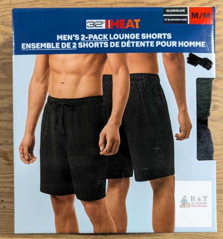 NEW 32 Degrees Heat Men&rsquo;s 2-Pack Lounge Shorts, Medium, Olive, Stretch Comfort, Drawstring Waist