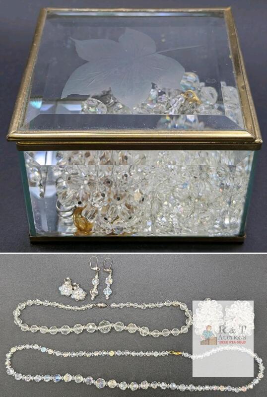 Vintage Crystal Jewelry : Pair of Shoe Clips, 2 Necklaces (17.5" - 26") 2 Pairs Earrings (Pierced & Clip-Ons) n Etched Glass & Brass Keepsake Box