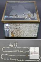 Vintage Crystal Jewelry : Pair of Shoe Clips, 2 Necklaces (17.5" - 26") 2 Pairs Earrings (Pierced & Clip-Ons) n Etched Glass & Brass Keepsake Box
