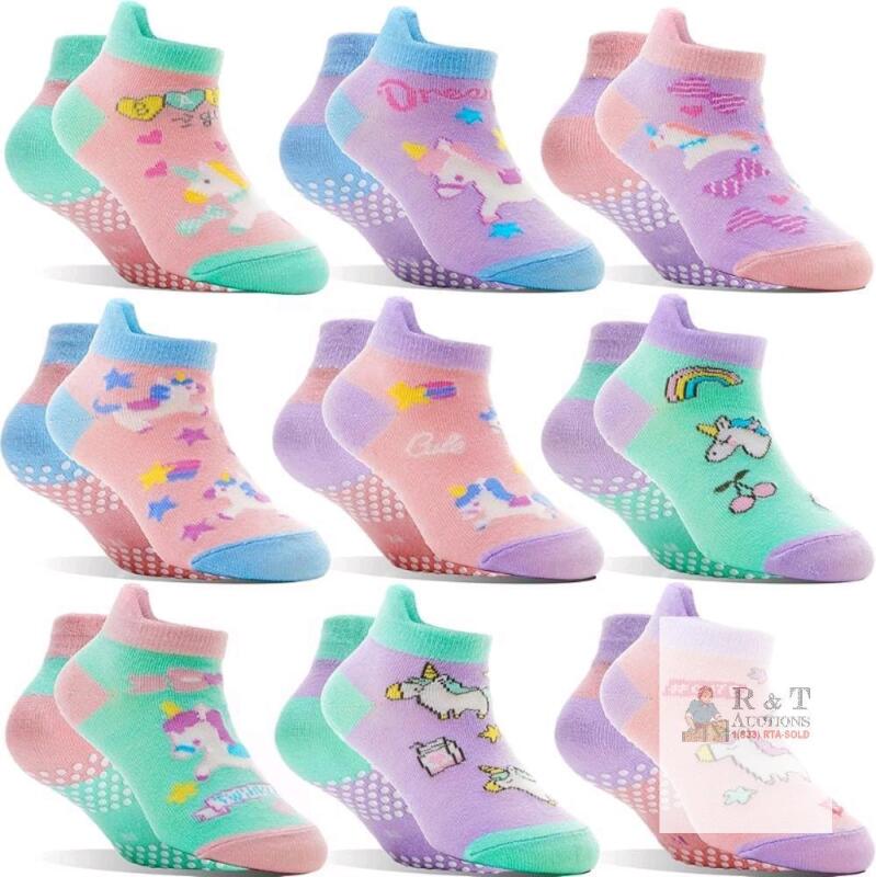9 New Pairs Size 1-3 Years Baby Girls Toddlers Grips Socks Kids Non Slip Anti Skid Ankle Unicorn Cotton No Show Socks with Grippers