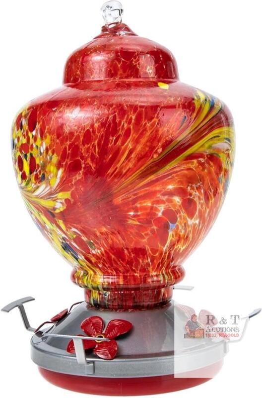 New Hand-Blown Glass Hummingbird Feeder for Outdoor Hanging Feeder Iron Frame Easy-Clean Design, Fire Red