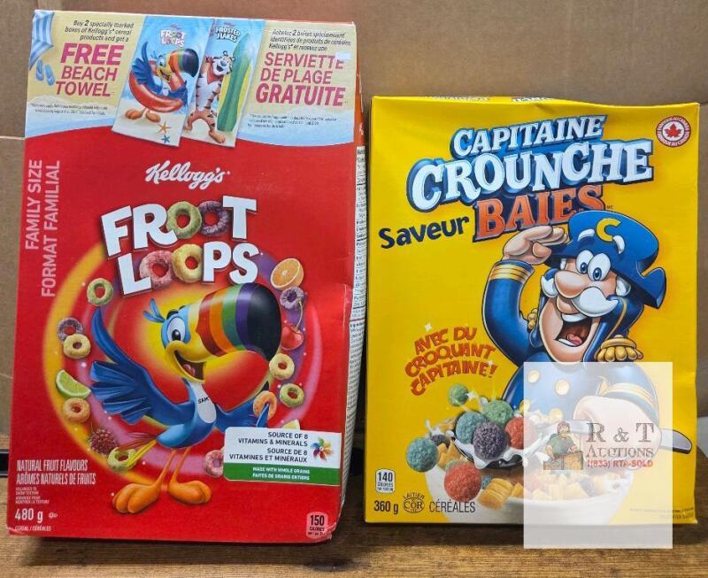 (EXP APR 25} Kellogg's Froot Loops 480g & Cap'n Crunch Crunch Berries 360g Canada Bilingual Cereal Boxes