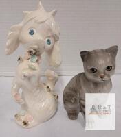 Vintage Ceramic Cat & Dog Figurines &ndash; 1960s-1970s, 7" Iridescent Dog, 5.5" Matte Cat, Floral Accents