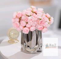 New Esdallina 10pcs Artificial Mini Pink Cabbage Roses with Vase