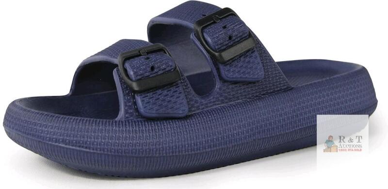 New Size 7-7.5W / 5-6M Unisex WEWEYA 2 Buckle Pillow Slides, Flat Athletic Sport Outdoor Sandal, Blue