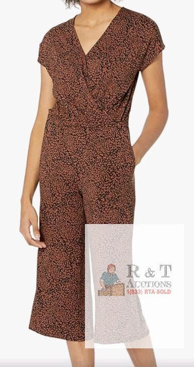 New sz XL Women's Amazon Essentials Short-Sleeve Surplice Cropped Wide-Leg Jumpsuit, Dark Camel/Black, Ikat