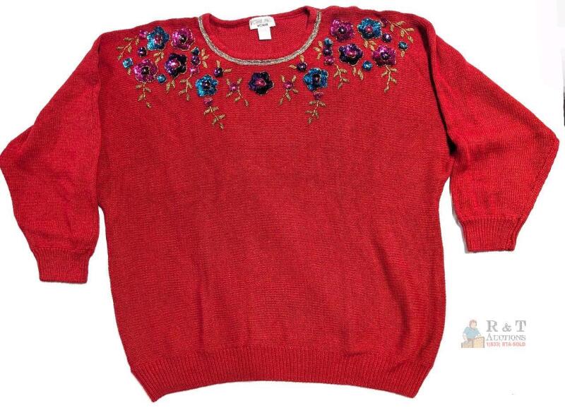 As-New Size 3XL Women's Victoria Jones Cotton Ramie Blend Floral Knit Sweater With Sequins