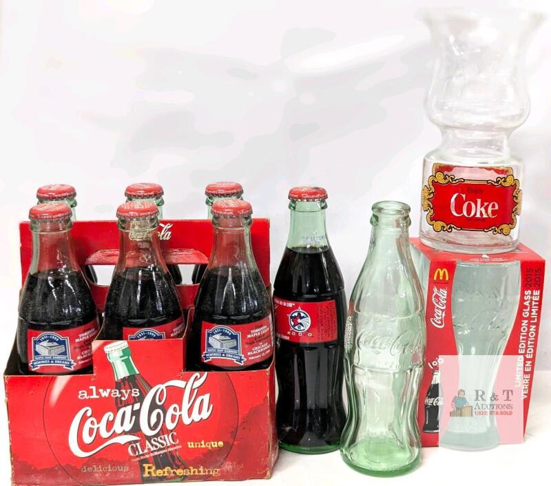 Vintage to Modern COCA-COLA: 6-Pack Full 1999 Maple Leaf Gardens Final Game Glass Bottles, 2000 Toronto Commemorative Bottle (Full), Empty 7.75" Bottle, McDonald's 2015 Limited Edition Glass & Vintage Hurricane-Style Glass