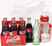 Vintage to Modern COCA-COLA: 6-Pack Full 1999 Maple Leaf Gardens Final Game Glass Bottles, 2000 Toronto Commemorative Bottle (Full), Empty 7.75" Bottle, McDonald's 2015 Limited Edition Glass & Vintage Hurricane-Style Glass