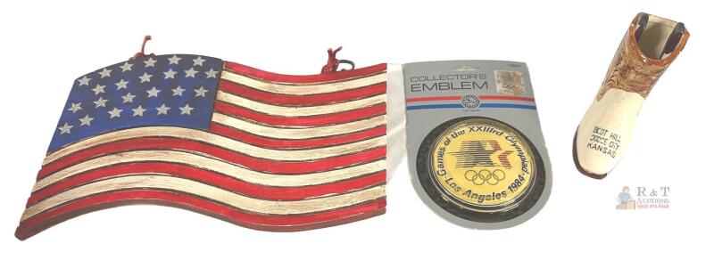 3 Vintage Americana Collectibles: Wooden Flag Wall Art, 1984 LA Olympics Emblem, Boot Hill Kansas Boot