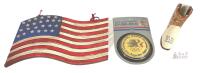 3 Vintage Americana Collectibles: Wooden Flag Wall Art, 1984 LA Olympics Emblem, Boot Hill Kansas Boot