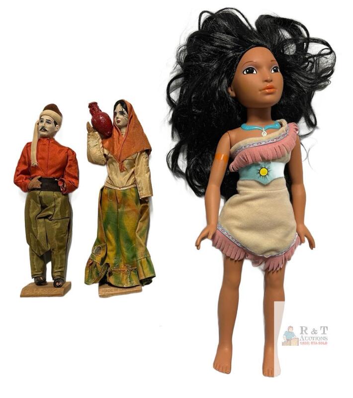 17" Disney Store Pocahontas Doll & Pair 10" Lebanese Folk Art Cloth Dolls, Made in Lebanon