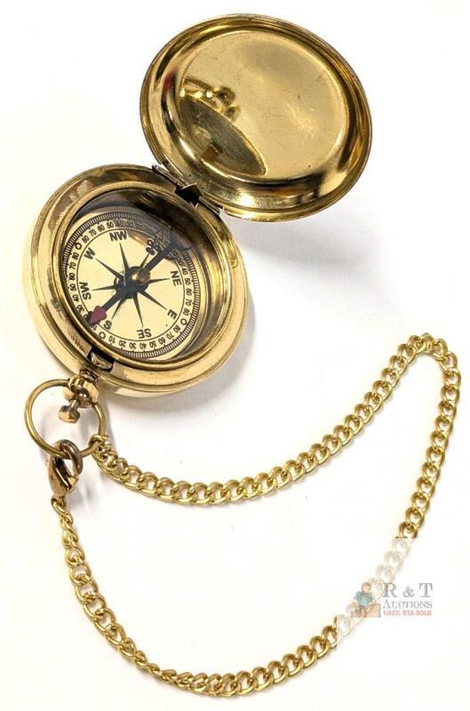 New Brass Pocket Compass Push Button Pocket Compass, 1.8" Diameter on 10" Long Chain