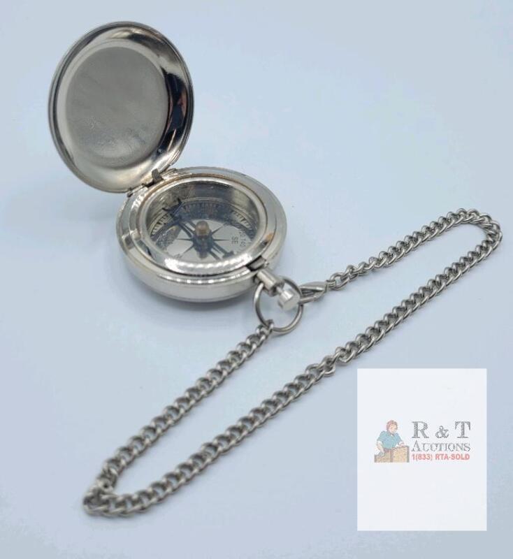New Pocket Watch Style Compass w/Chain . Measures 1 &frac34;" diameter
