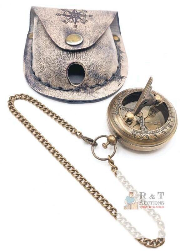 New Pocket Watch-Style Compass / Sundial Antique Finish Brass with Chain & Leather Belt Pouch. Compass measures 1 ⅞" diameter