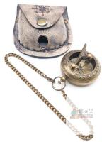 New Pocket Watch-Style Compass / Sundial Antique Finish Brass with Chain & Leather Belt Pouch. Compass measures 1 ⅞" diameter