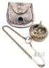 New Pocket Watch-Style Compass / Sundial Antique Finish Brass with Chain & Leather Belt Pouch. Compass measures 1 ⅞" diameter