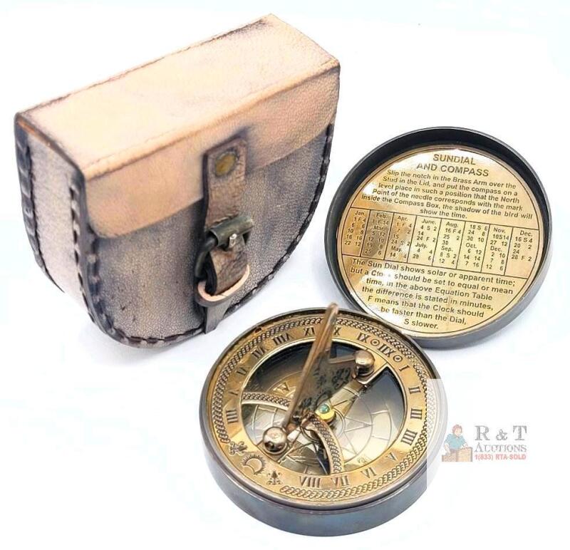 New 2 ⅝" Solid Brass Combination Sundial & Compass in Leather Pouch