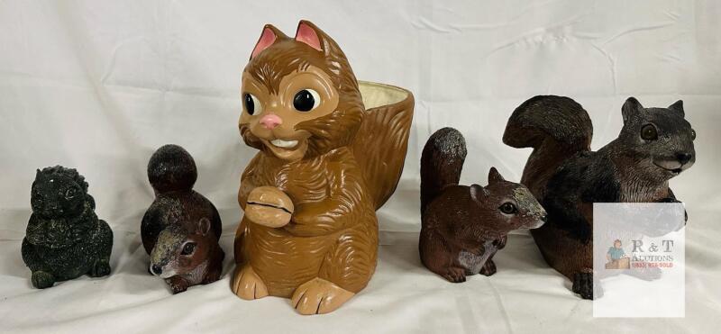 5 Squirrel Decorations, Includes 4 Smaller Plastic/Resin Statues and 1 Bisque Ceramic Planter - Tallest Measures 10&rdquo;