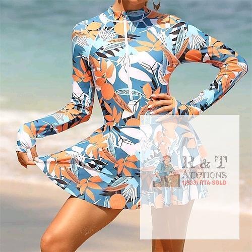 New Size XS Women's Unique Bella Modest Long Sleeve Swim Dress with Thumb Holes One Piece Rash Guard Zipper Skirted Swimsuit